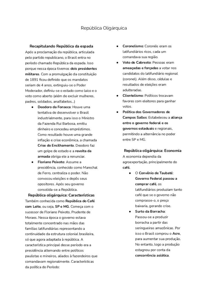 Revisão República Oligárquica